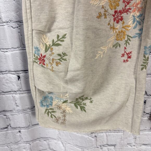 Driftwood Jeans French Terry Floral Embroidered Gathered Pants Tan Boho M - Picture 8 of 14